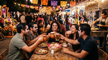 Personas sentadas a una mesa de madera brindan con jarros y vasos de cerveza frente a platos con alimentos y luces de colores.