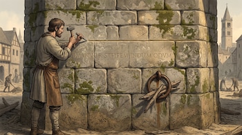 Un hombre en ropa medieval usa cincel y martillo para grabar una línea y texto en latín sobre un gran muro de piedra con musgo.