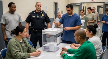 Un hombre deposita una papeleta en una urna transparente. Varias personas, algunas con uniforme, y un oficial de policía presentes en una sala de votación.