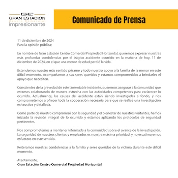 Comunicado de Gran Estación sobre accidente en el que murió una niña de 5 años en sus instalaciones - crédito @GranEstacionCC/X