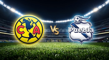 Escudo del Club América a la izquierda y del Club Puebla a la derecha, separados por las letras VS en dorado sobre el césped de un estadio.