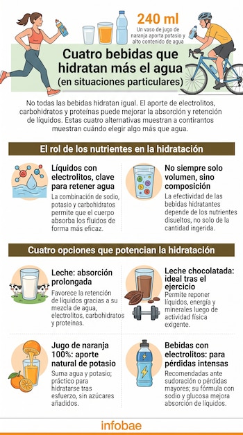 Infografía con ilustraciones de deportistas, vasos de leche, jugo de naranja y botellas junto a textos explicativos sobre la hidratación.