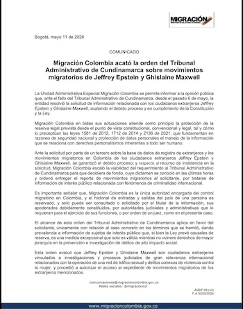 Migración Colombia cumplió orden del Tribunal Administrativo de Cundinamarca y envió historial migratorio sobre Jeffrey Epstein y Ghislaine Maxwell - crédito @MigracionCol/X