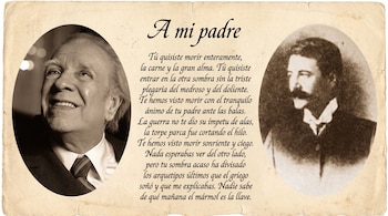 Retratos ovalados en tono sepia de Jorge Luis Borges sonriente y su padre Jorge Guillermo, enmarcados junto al poema "A mi padre" sobre fondo de papel antiguo.