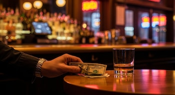 Primer plano de una mano con reloj dejando billetes de dólar sobre una barra de madera junto a un vaso con una bebida. Fondo difuminado de bar.