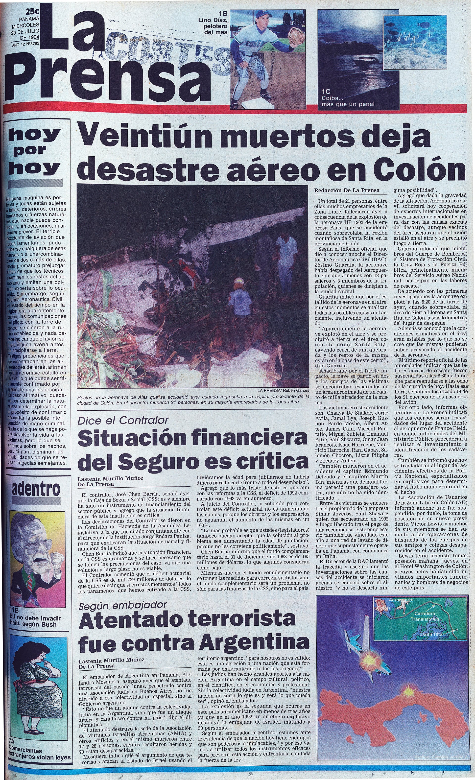La portada del diario panameño La Prensa del 20 de julio de 1994, un día después del ataque perpetrado por Hezbollah y ordenado por Irán