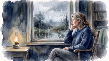 Ilustración de una mujer con canas sentada junto a una ventana con lluvia, cerca de una lámpara encendida sobre una mesa de madera.