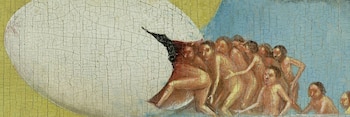 Detalle de un lienzo agrietado con un gran huevo blanco del cual salen varias figuras humanas