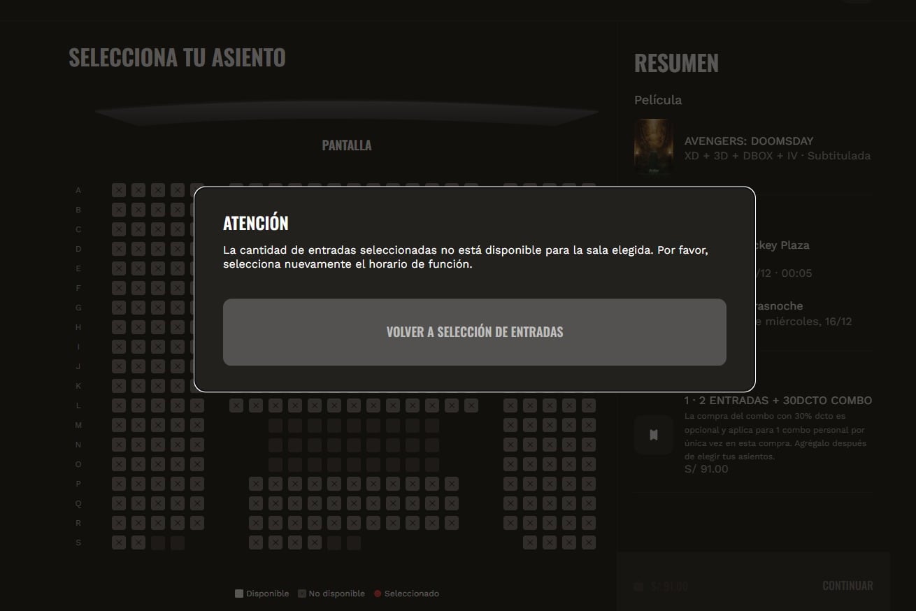 Un mensaje de error en un sistema de compra en línea de cine indica la falta de disponibilidad de entradas para la película Avengers Doomsday.