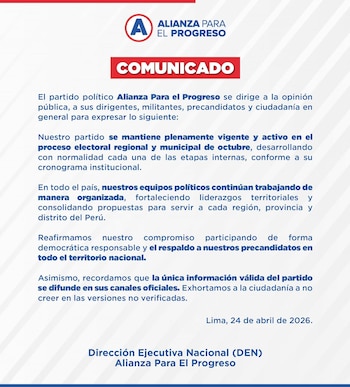 Documento digital con el comunicado oficial de Alianza Para El Progreso, mostrando su logo, el título "COMUNICADO" y texto en azul y negro