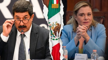 Imagen dividida: un hombre de bigote con lentes en traje oscuro a la izquierda, la bandera de México rasgada en el centro, y una mujer rubia en saco azul a la derecha.