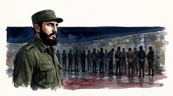Ilustración en acuarela de Fidel Castro junto a prisioneros atados de espaldas y soldados frente a un paredón de piedra.