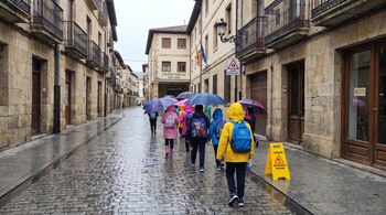 Niños vistos de espalda con impermeables, mochilas y paraguas caminan por una calle mojada junto a una señal de zona escolar.
