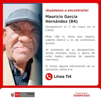 Cartel de persona desaparecida con una foto de Mauricio García Hernández, un hombre de edad avanzada, con gorra y texto en español pidiendo ayuda para encontrarlo