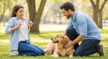 Una mujer sentada en la hierba con expresión de miedo, un hombre arrodillado acariciando a un perro golden retriever a su lado, en un parque con árboles.