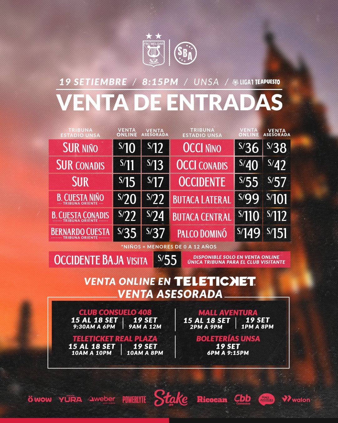 Precios de entradas para Melgar vs Sport Boys por el Torneo Clausura 2026