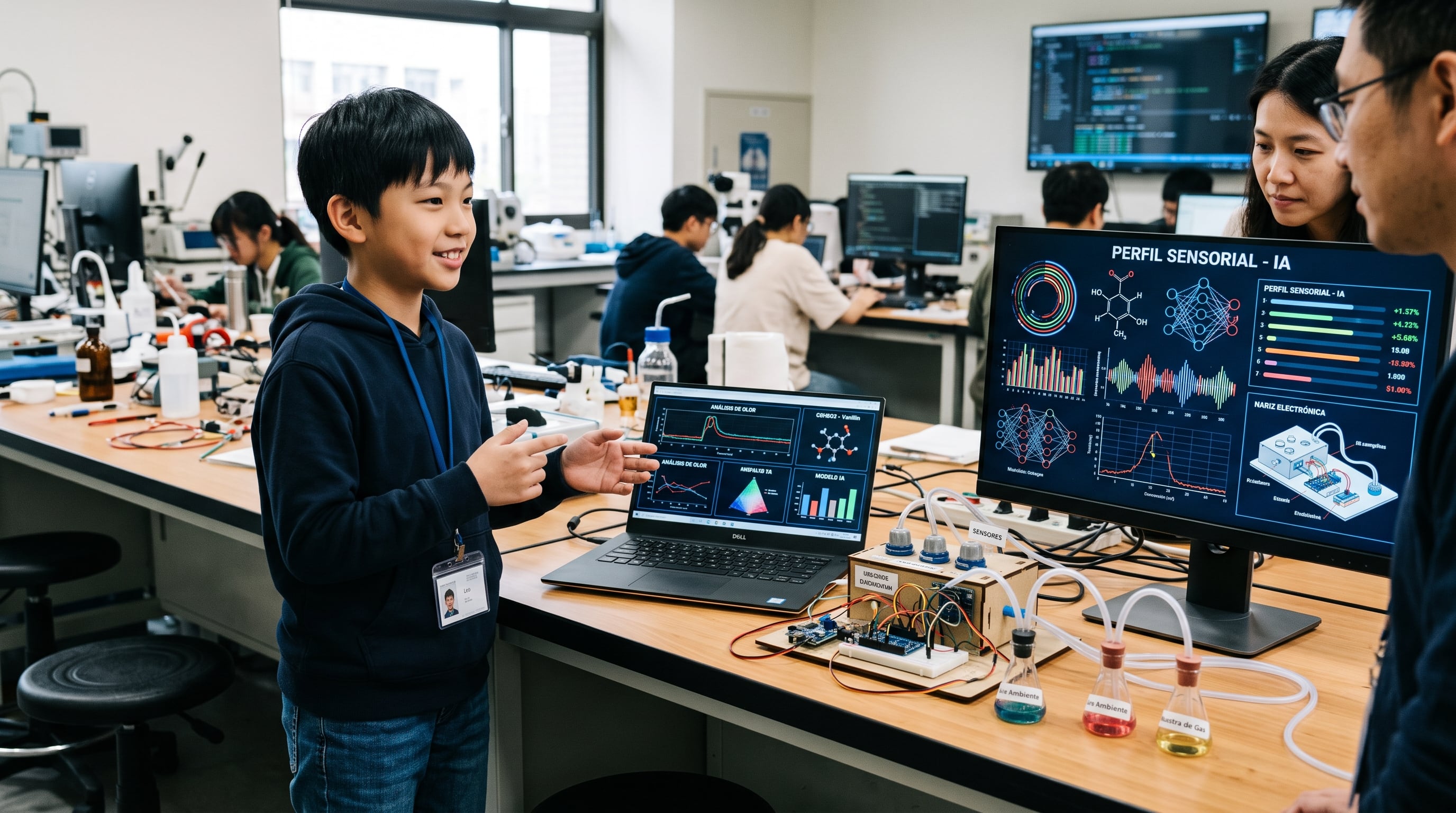 Un estudiante taiwanés de diez años expone un prototipo de nariz electrónica ante investigadores en un laboratorio de tecnología. (Imagen Ilustrativa Infobae)