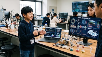 Un niño junto a monitores con gráficos de datos y un prototipo electrónico con tubos y circuitos sobre una mesa de laboratorio.