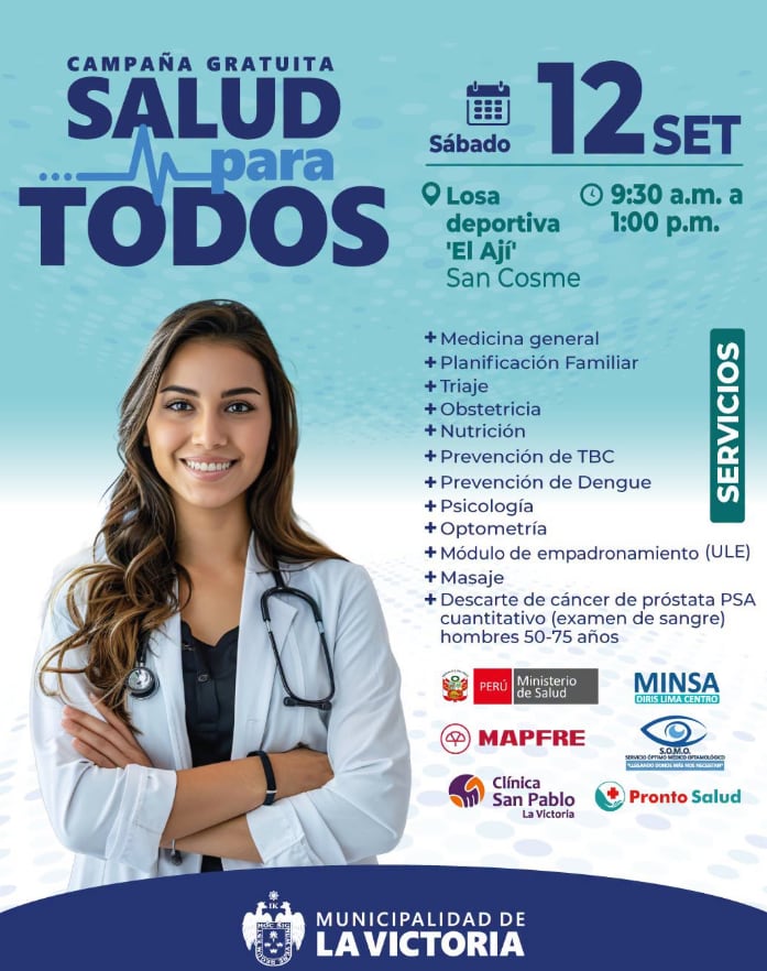 La jornada ofrecerá atención en medicina general, nutrición, psicología, optometría y otras especialidades - Créditos: Municipalidad de La Victoria.