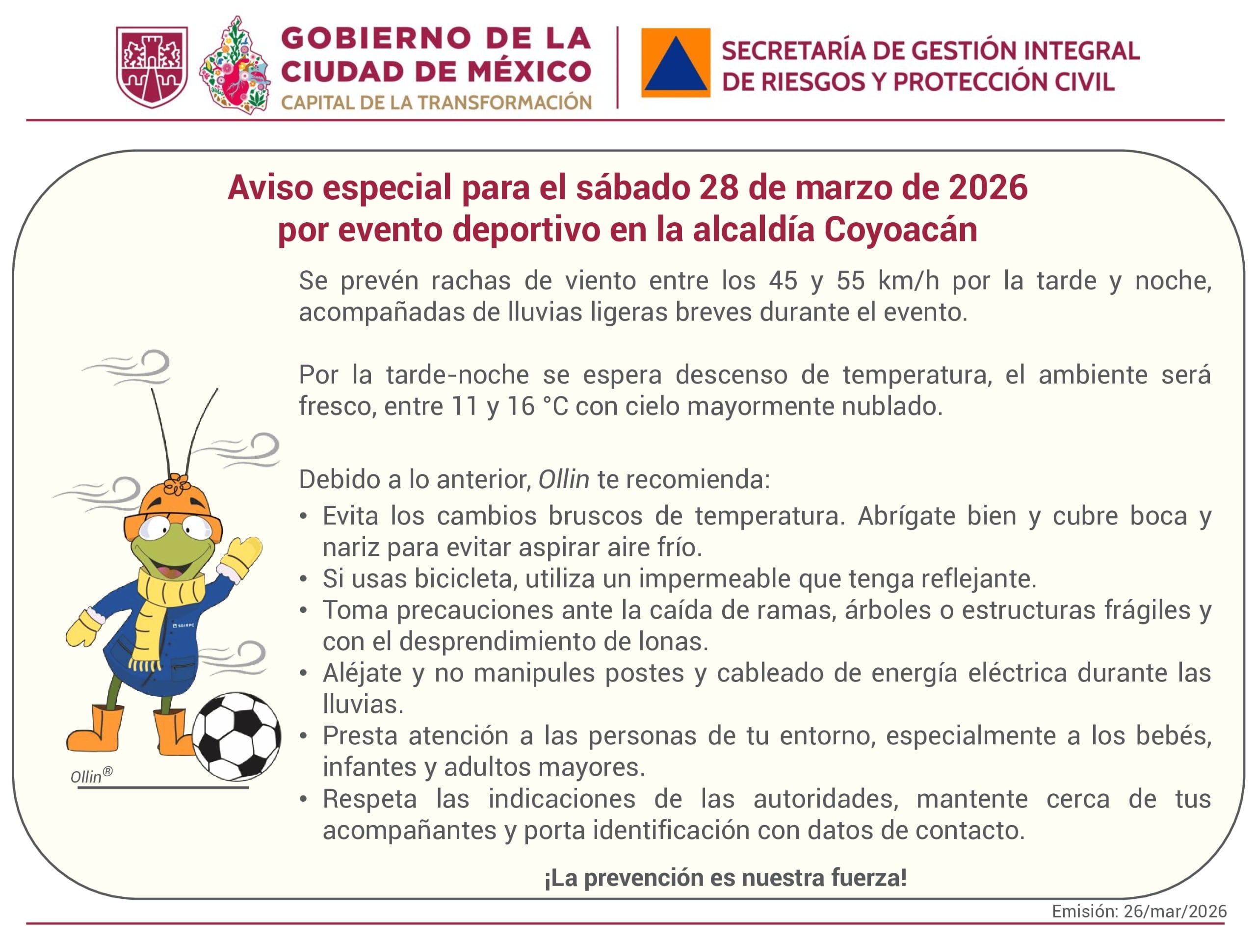 Clima en la CDMX para el partido de México vs Portugal este sábado 28 de marzo. Foto: X/@SGIRPC_CDMX.
