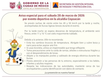 Clima en la CDMX para el partido de México vs Portugal este sábado 28 de marzo. Foto: X/@SGIRPC_CDMX.