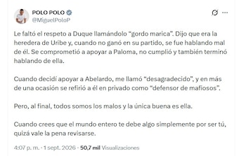 Miguel Polo Polo aseguró que Cabal habría cuestionado en privado a dirigentes como Iván Duque, Álvaro Uribe, Paloma Valencia y Abelardo de la Espriella - crédito @MiguelPoloP/X