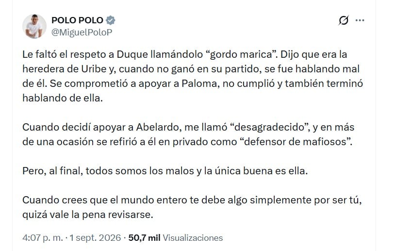 Miguel Polo Polo aseguró que Cabal habría cuestionado en privado a dirigentes como Iván Duque, Álvaro Uribe, Paloma Valencia y Abelardo de la Espriella - crédito @MiguelPoloP/X