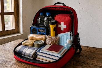 Mochila roja abierta sobre una mesa de madera con agua, radio, linterna, botiquín, mascarillas, alimentos, manta y documentos.