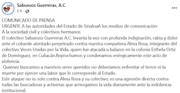 Comunicado de Sabuesos Guerreras, A.C.