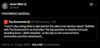 El tuit del presidente Javier Milei sobre la entrevista de The Economist