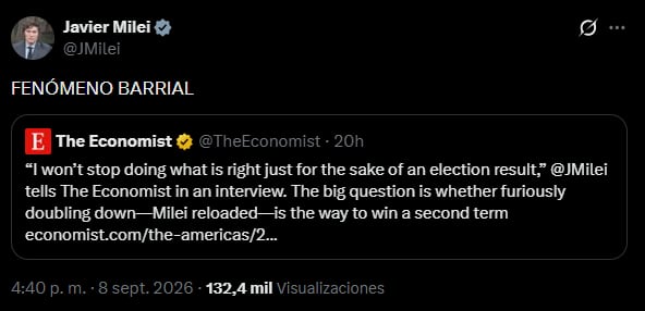 El tuit del presidente Javier Milei sobre la entrevista de The Economist (X)