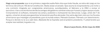 La iniciativa plantea que la vicepresidenta asuma la Presidencia mientras una comisión internacional revisa el escrutinio - crédito @AlvaroLeyva/X