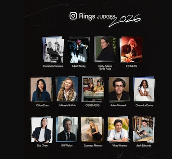 Diseño sobre fondo negro con el título Rings Judges 2026 y catorce fotografías de retratos acompañadas por nombres debajo de cada una