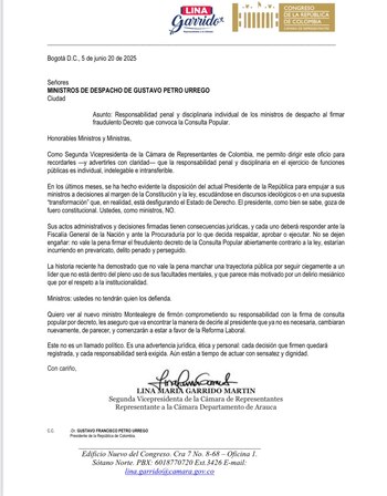 La congresista envió una carta