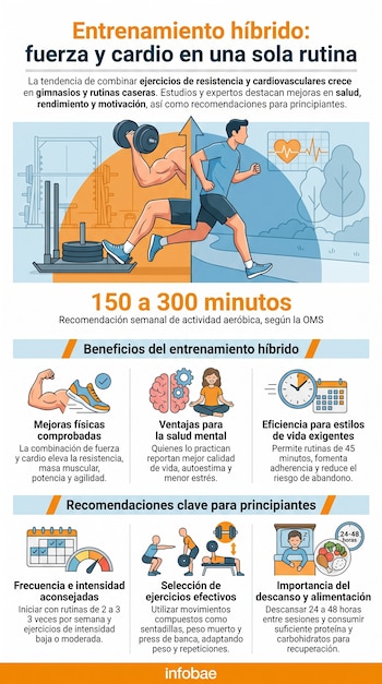 Infografía sobre entrenamiento híbrido con imágenes de un hombre levantando pesas y otro corriendo. Incluye secciones de beneficios, recomendaciones y tiempos.