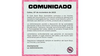 Comunicado de Sport Boys sobre