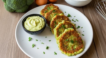 Varias tortitas de brócoli doradas en un plato blanco con un tazón de salsa verde cremosa. Perejil picado adorna el plato, y al fondo se ven brócoli y huevos.