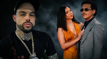 Collage digital con Emiliano Aguilar, un hombre calvo con barba y tatuajes, a la izquierda; y a la derecha, Ángela Aguilar de naranja junto a Christian Nodal con traje gris.