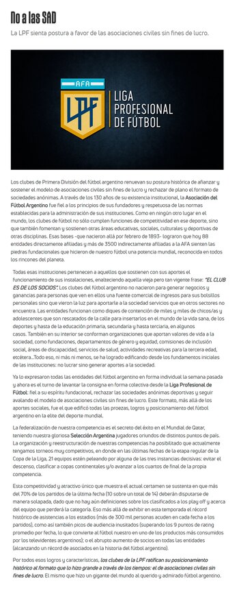 Comunicado de la Liga Profesional