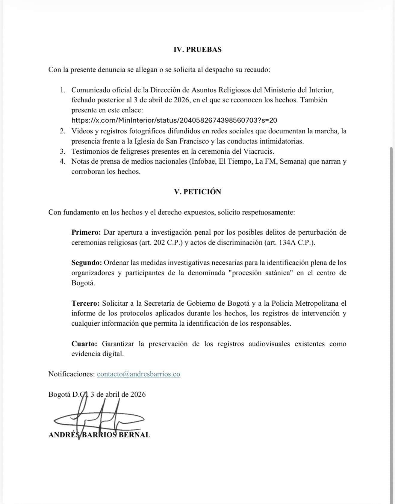 La Fiscalía investigará los hechos ocurridos en Semana Santa en Bogotá tras denuncia del concejal Andrés Barrios Bernal - crédito @ABarriosBernal/X