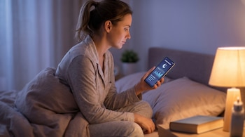 Mujer sentada en la cama con pijama, mirando una aplicación de seguimiento del sueño en su smartphone en una habitación oscura con una lámpara encendida.