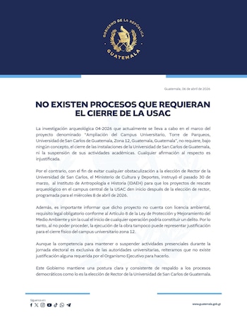 Comunicado de prensa del Gobierno de Guatemala en azul y blanco, con el escudo nacional, un titular grande y varios párrafos de texto