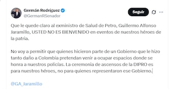 Germán Rodríguez aseguró que el exministro de Salud Guillermo Jaramillo no es bienvenido en eventos de la fuerza pública - crédito @GermanRSenador/X