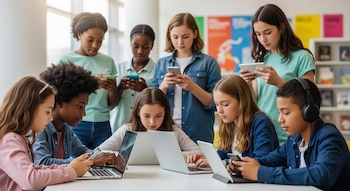 Un grupo de niños y adolescentes, con varias etnias, utiliza computadoras portátiles, teléfonos inteligentes y una tableta en una habitación luminosa.