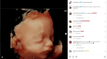 Captura de pantalla de una ecografía 3D de un feto y una sección de comentarios de Instagram con los usuarios Samuel García y Mariana Rodríguez