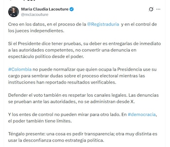 María Claudia Lacouture, presidenta ejecutiva de AmCham Colombia, aseguró que cree en los datos de la Registraduría - crédito @McLacouture/X