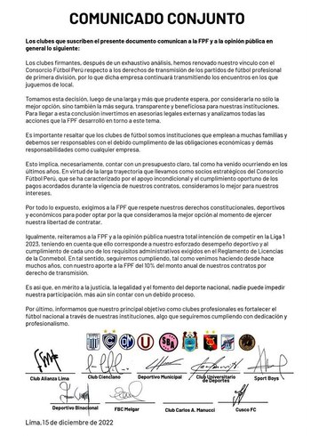 Diversos equipos enviaron un comunicado