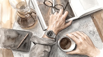 Ilustración de manos sobre una mesa con un reloj de pulsera, una taza de café, anteojos, libreta con bolígrafo, cafetera y un libro abierto.