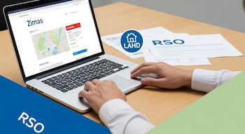 Primer plano de manos navegando una laptop en una mesa de madera clara. En pantalla se ve la web de Zimas con un mapa. Papeles con 'RSO' y el logo LAHD están sobre la mesa.