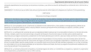 El artículo 11 dispone que los titulares salientes deben realizar un acto formal para entregar el informe de gestión y el acta administrativa con el estado general de la administración a los titulares entrantes. - crédito Ley 951 de 2005